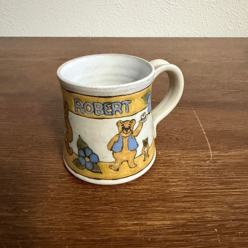 Vintage Hand-Painted Teddy Bear Pottery Mug • “Robert” • 1983 Studio Ceramic